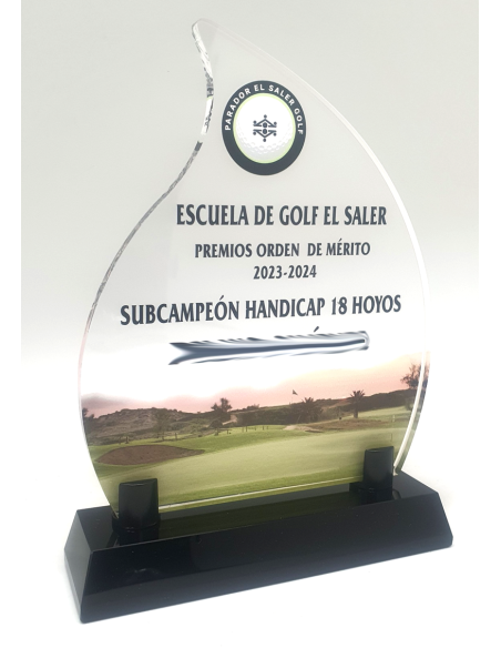 Trofeo de metacrilato con peana de cristal personalizado