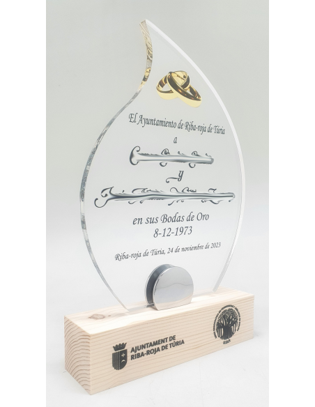 Trofeo de metacrilato forma gota con peana de madera y grabado a color en Valencia