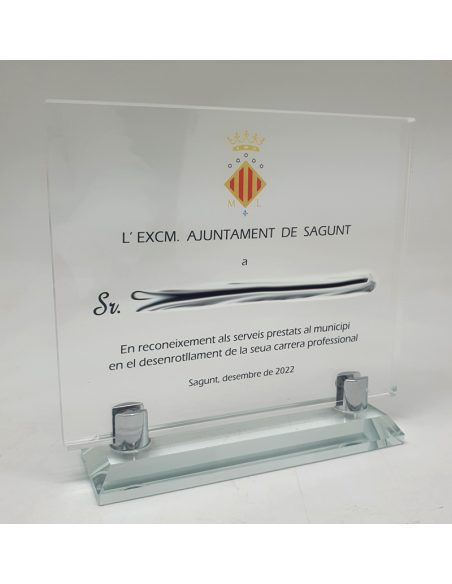 Placa de metacrilato con peana de cristal y grabado a color