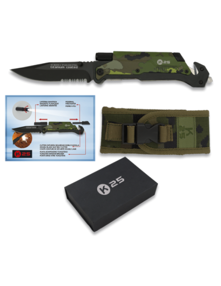Navaja K25 Táctica Camo 9,5 cm con Pedernal y Linterna
