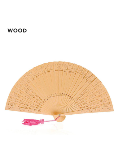 Abanico de Madera Natural Troquelada con Pompom y grabado