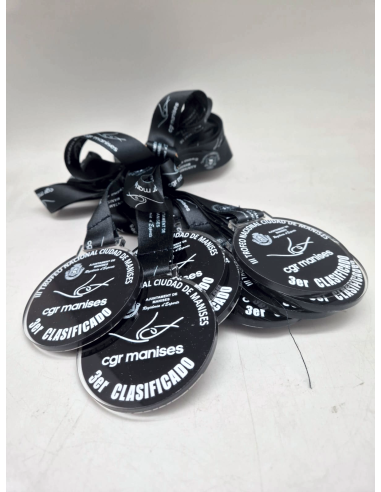 Medallas de acrilico personalizadas 70 mm con Grabado a Color y cinta personalizada